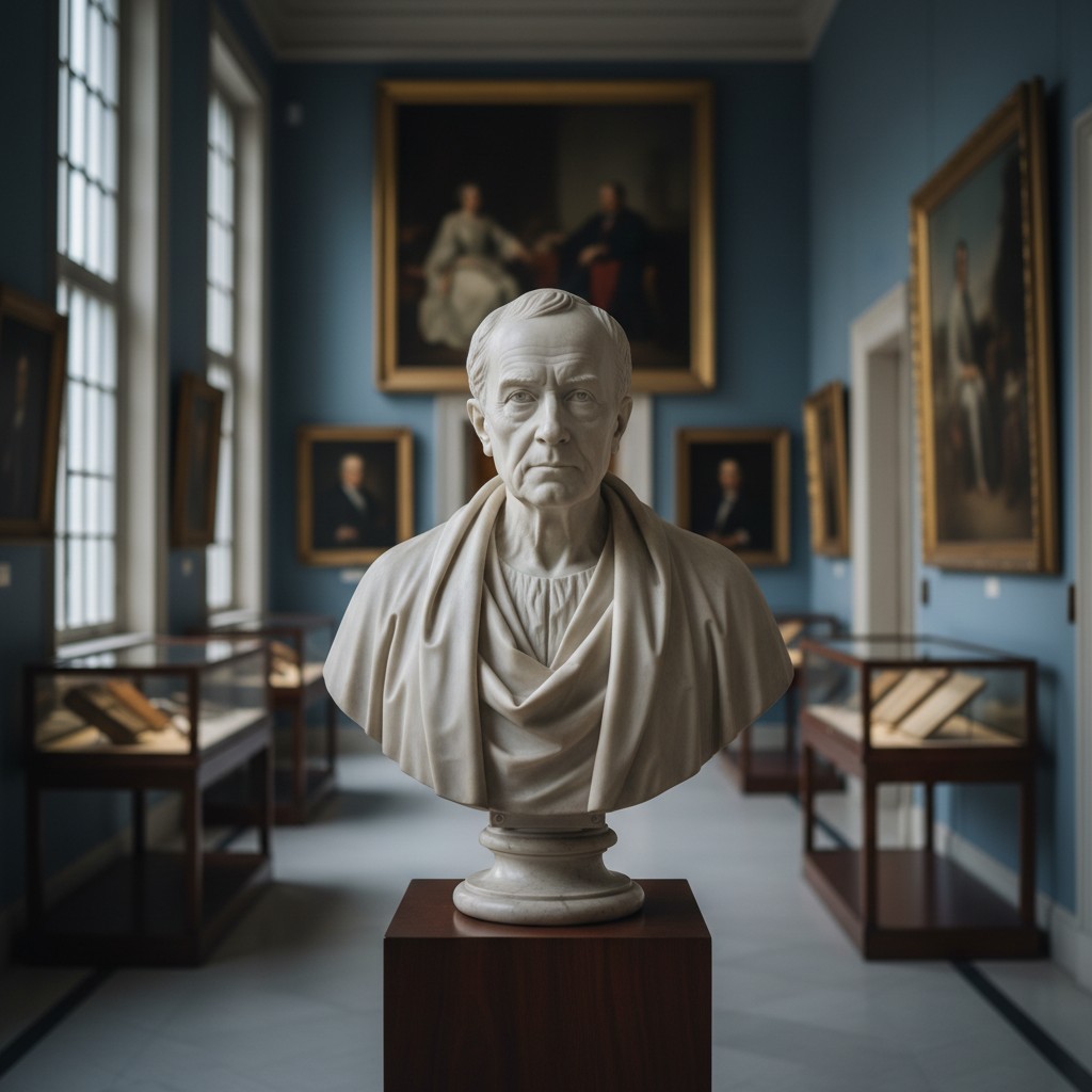 A white marble portrait bust sits atop a wooden pedestal in a dimly lit, light blue room. Although the bust's subject rema...