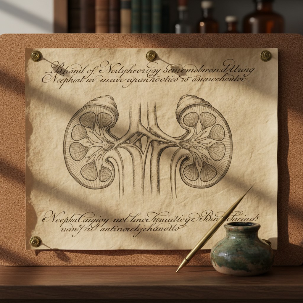 **Du squelette rénal** Ce squelette rénal sur papier tanné est conservé dans un meuble à étagères en bois et décoré avec u...